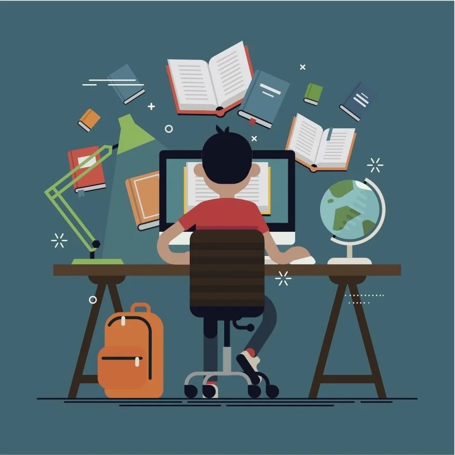 Illustration of a student at a desktop computer surrounded by floating books, a desk lamp, a globe, and a backpack