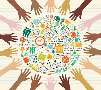 Illustration of many hands in varied skin tones reaching toward a circle of colorful school and learning icons