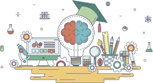 Line illustration of a lightbulb with a brain and graduation cap, surrounded by science, art, and computer learning tools
